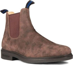 Brown Chelsea boot with brown elastic side panels and blue pull tabs.