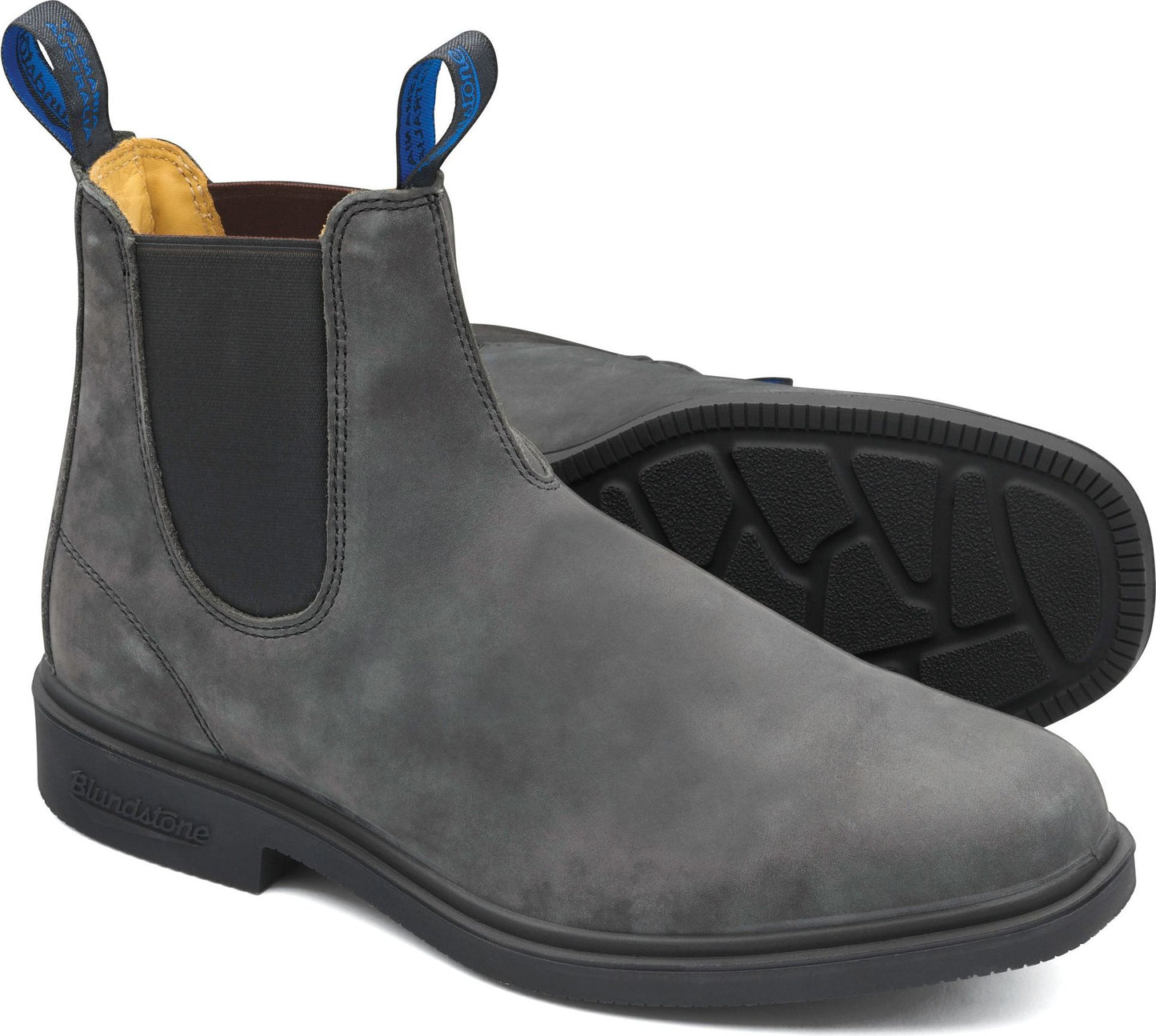 Gray ankle boots with blue pull loops