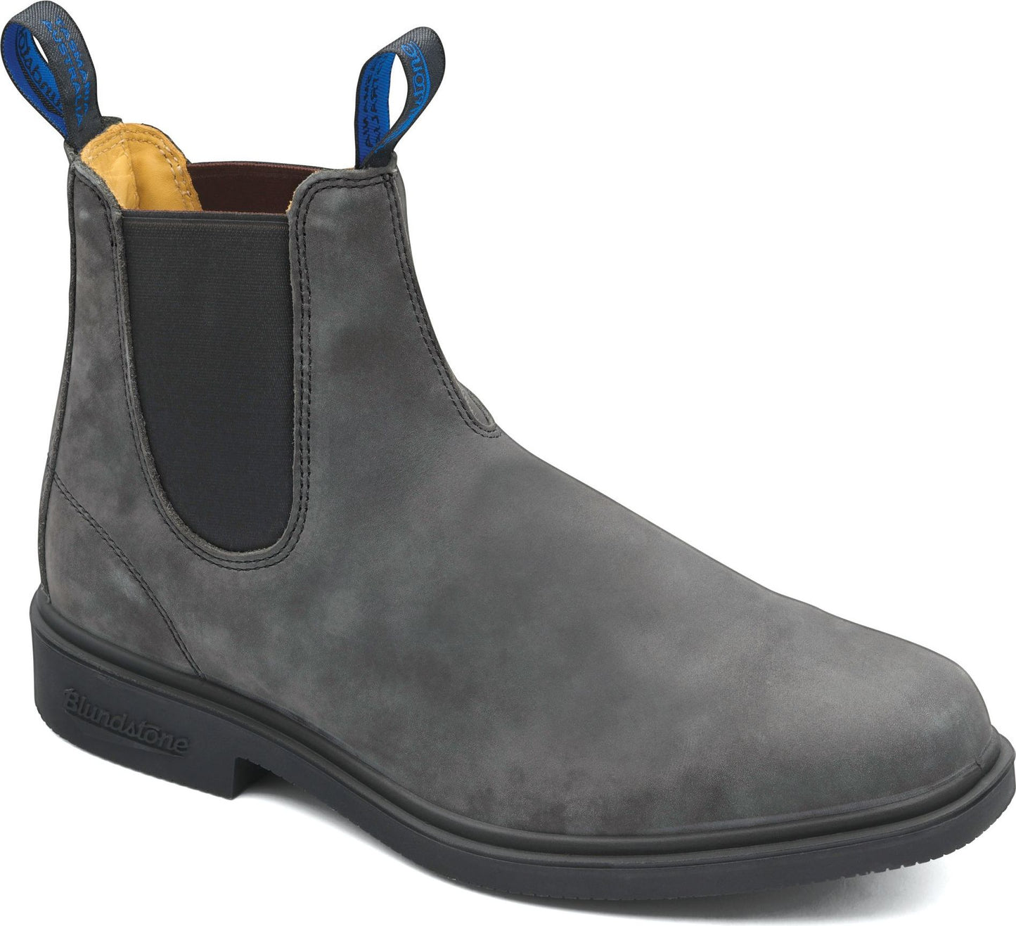 Gray suede ankle boot with elastic side panels and blue pull tabs.