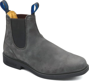 Gray suede ankle boot with elastic side panels and blue pull tabs.