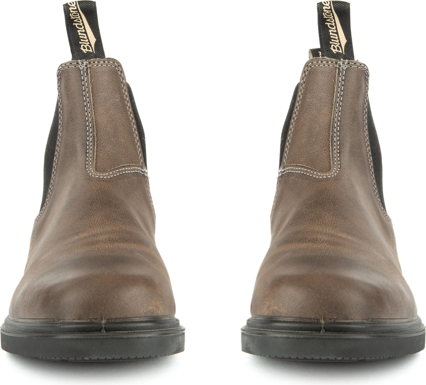 Pair of brown leather work boots with black elastic sides, viewed from the front.