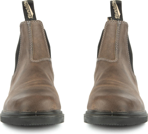 Pair of brown leather work boots with black elastic sides, viewed from the front.