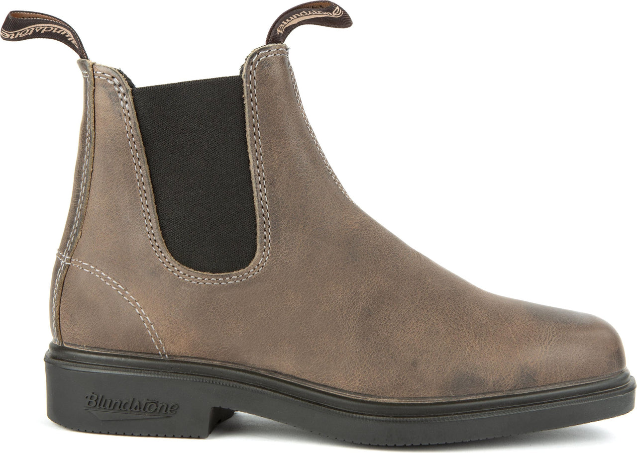 Chelsea boot in distressed gray leather with black elastic panels and a dark sole.