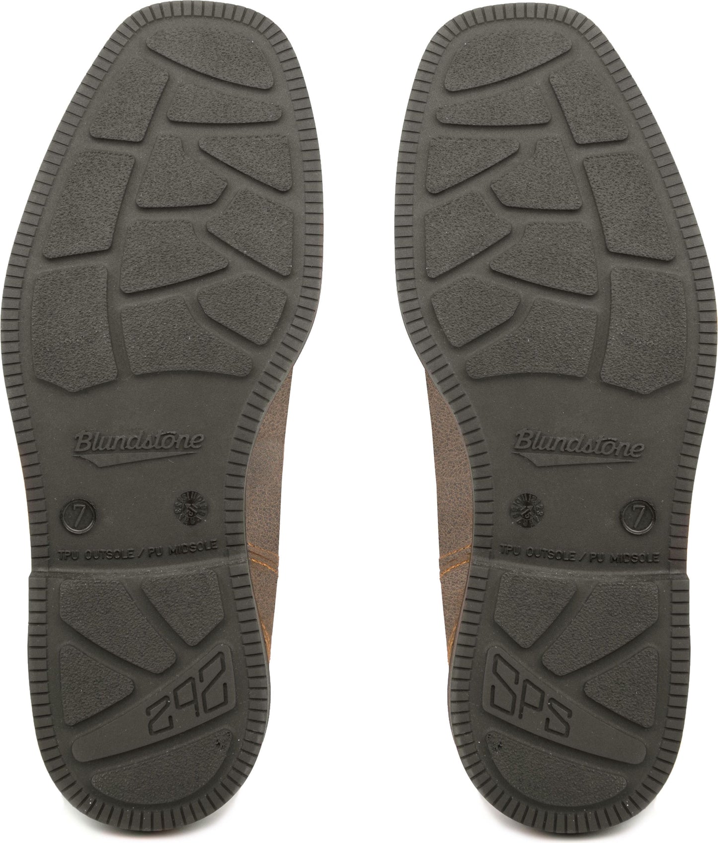 Pair of shoe soles with textured patterns and "Blundstone" and "SPS" markings.