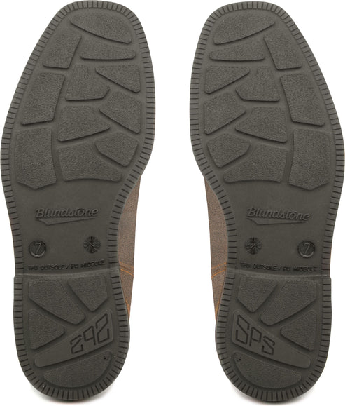 Pair of shoe soles with textured patterns and "Blundstone" and "SPS" markings.