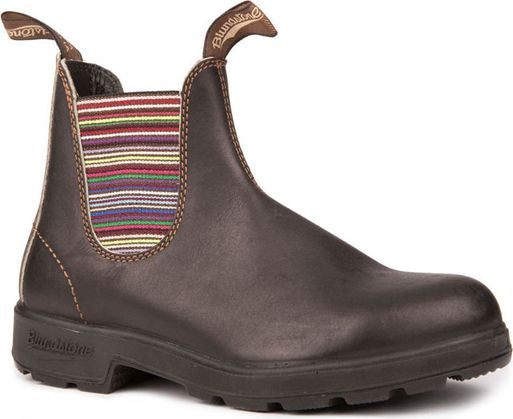Brown leather pull-on boot with colored elastic side panels and branded pull loops.