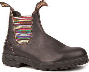 Brown leather pull-on boot with colored elastic side panels and branded pull loops.