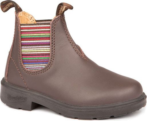 Brown leather boot with a striped elastic side.
