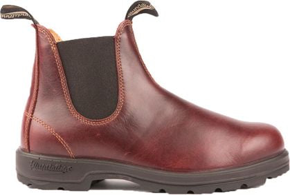 Reddish-brown leather boot with elastic sides and a loop on the heel.