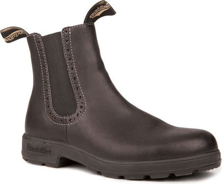 Dark brown leather ankle boot with elastic side panels decorated with small, decorative perforations.