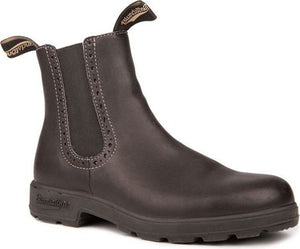 Dark brown leather ankle boot with elastic side panels decorated with small, decorative perforations.