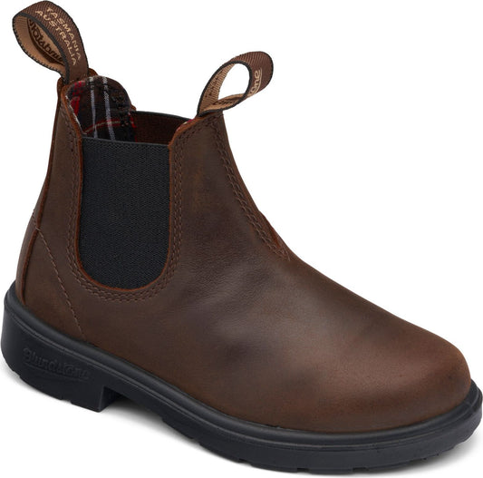 Dark brown leather Chelsea boot with black sole, black elastic side panels and plaid lining.