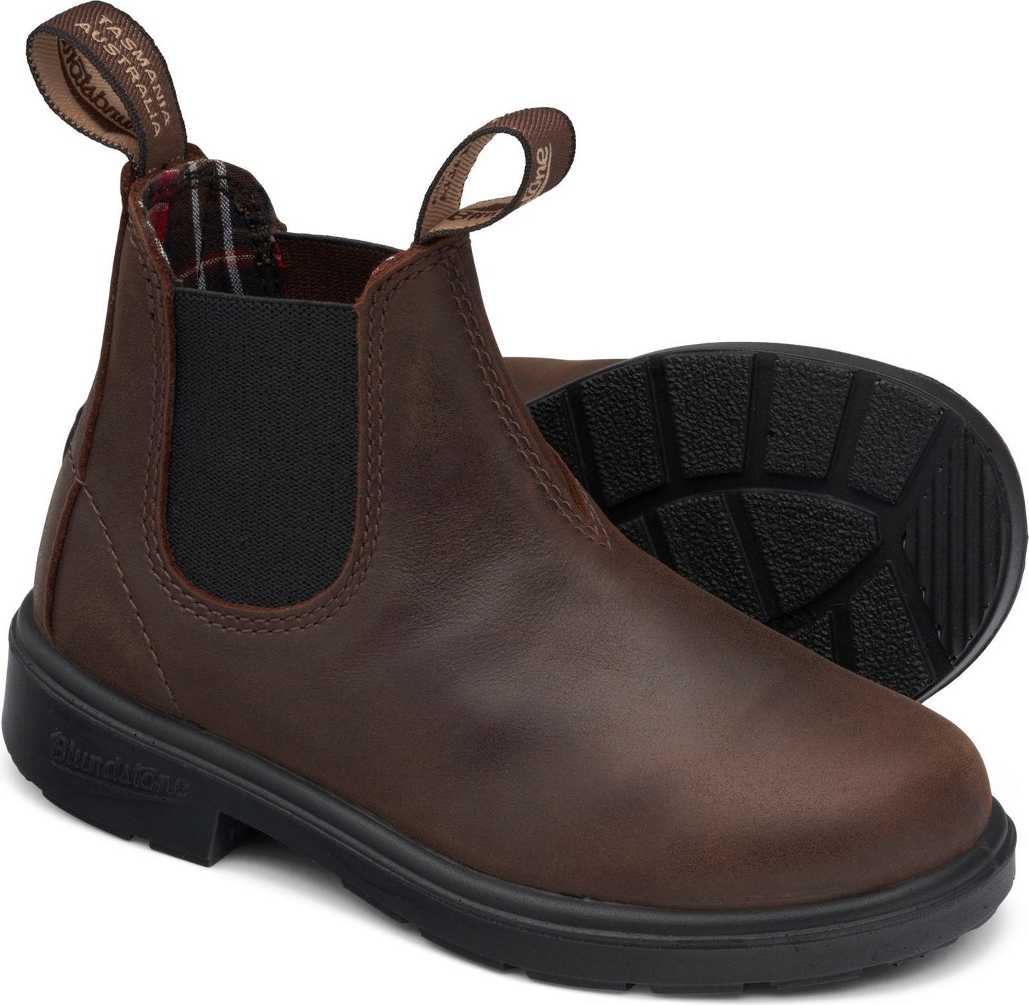 Brown leather pull-on ankle boots with black elastic side panels and soles.