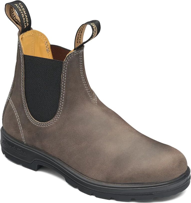 A weathered brown ankle-high boot with elastic side panels, toe cap, black soles, and pull tabs with white text.