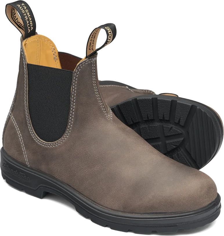 Pair of ankle-high, grey, Chelsea-style boots with black elastic side panels and rubber soles.