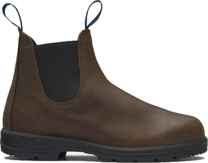 Brown leather Chelsea boot with a black sole and dual blue pull-on loops.