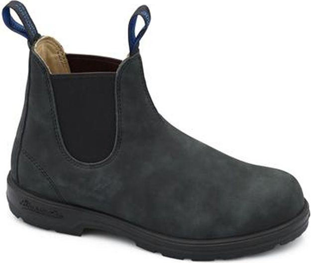 Dark gray ankle boot with elastic side panels and blue pull loops.