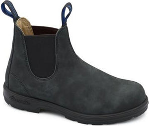 Dark gray ankle boot with elastic side panels and blue pull loops.