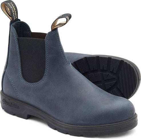 Chelsea-style ankle boot, navy blue suede, black elastic side panels and lug sole, dual pull tabs.