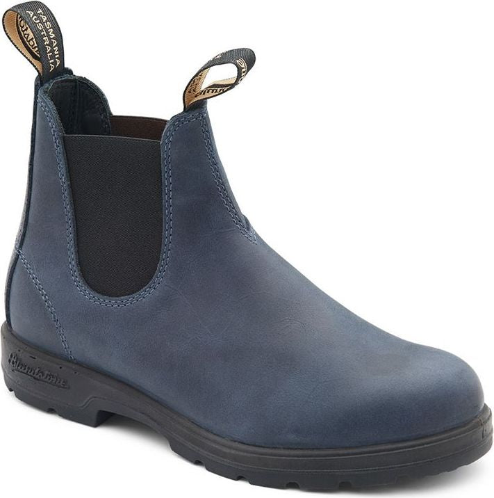 Blue Chelsea boot with black elastic side panels and pull tabs.