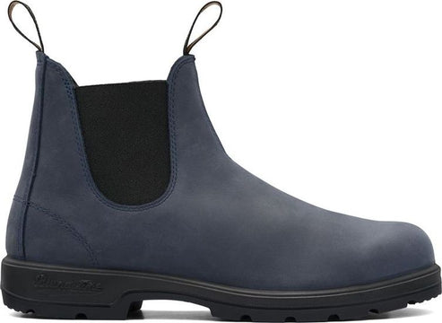 A dark blue leather work boot with elastic ankle support and pull loops.