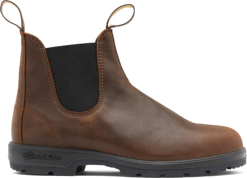 Chestnut brown leather chelsea boot with black elastic side panels and black soles. It has brown loop pulls.