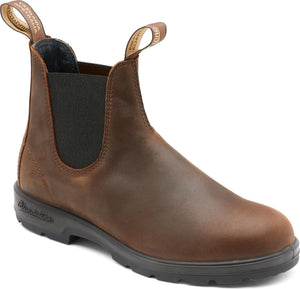 Chelsea-style boot featuring brown leather, elastic side panels, and pull tabs.