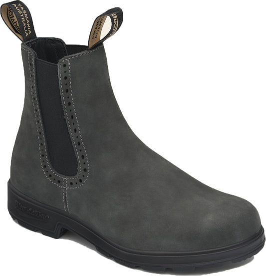 Gray ankle boot with elastic side and decorative holes around the elastic.