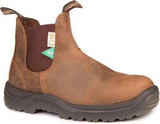 Brown leather pull-on work boot with dark brown trim and sole.