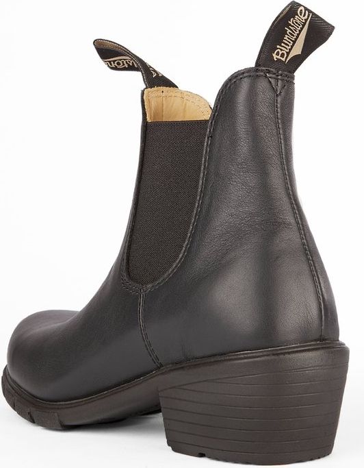 Ankle-high black leather boot with elastic side panel and pull tabs.