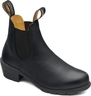 Black leather Chelsea boot with heel and elastic side panels.