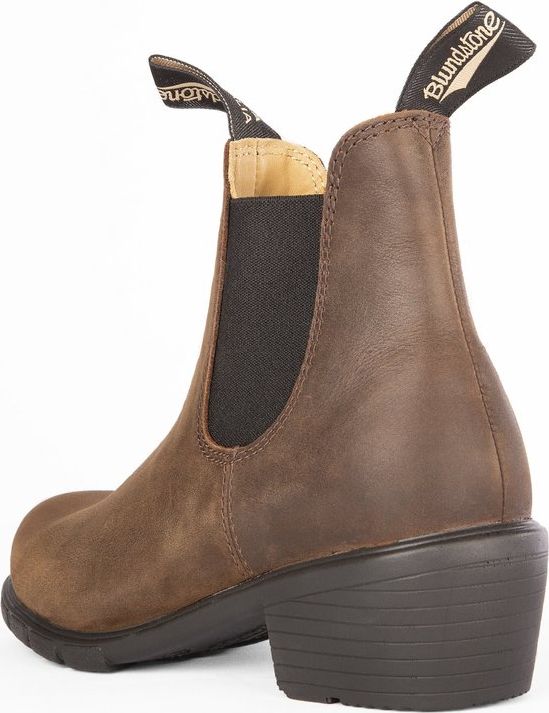 Ankle-height brown leather boot with black elastic side panels and black pull tabs with white text.