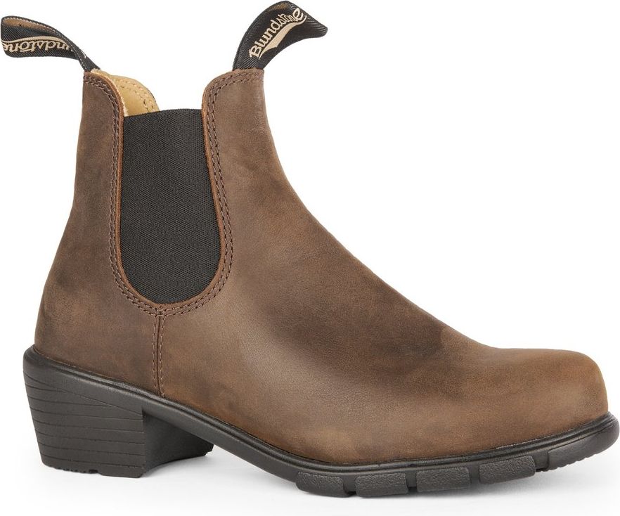 Brown leather Chelsea boot with a black elastic side panel and heel tab.