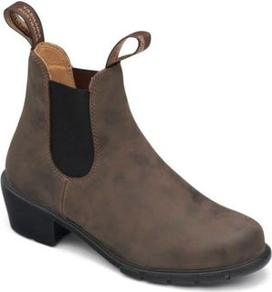 Chelsea boot with low block heel, elastic side panel, and pull tabs.