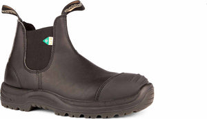 Black leather pull-on work boot with elastic side panels and a toe cap.