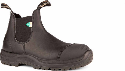Black leather pull-on work boot with elastic side panels and a toe cap.