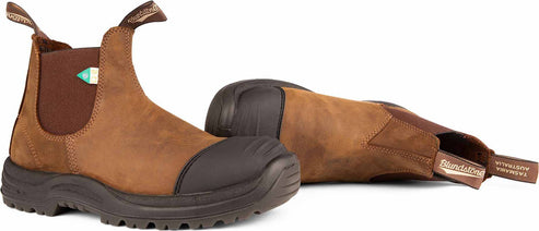 Pair of brown work boots with dark toe caps and elastic side panels.