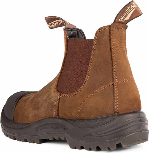 Brown leather work boot with a rounded composite toe, elastic ankle insert and brown fabric pull-loops on the shaft.