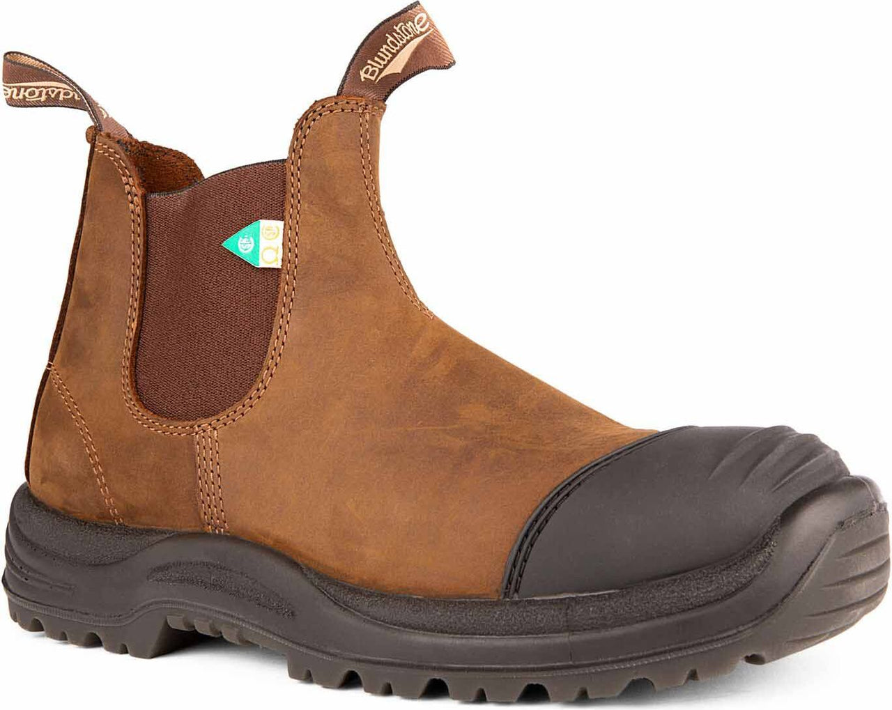 Brown pull-on work boot with a reinforced black toe.