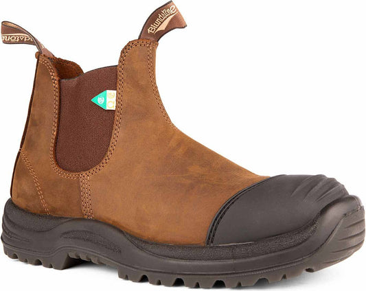 Brown pull-on work boot with a reinforced black toe.