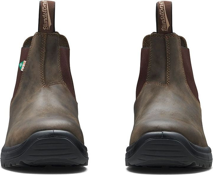Two brown leather ankle boots with elastic side panels and black soles, facing forward, with "Blundstone" visible on the pull tabs.