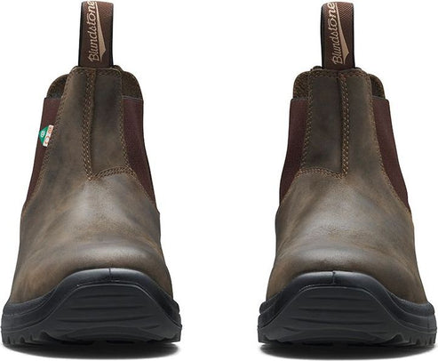 Two brown leather ankle boots with elastic side panels and black soles, facing forward, with "Blundstone" visible on the pull tabs.