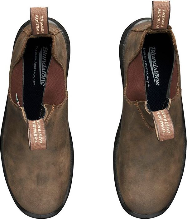A pair of brown leather slip-on boots with a light-brown pull tab on the ankles.