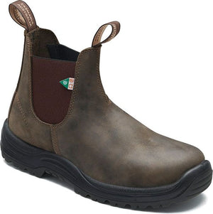 Brown leather work boot with black sole and elastic side, pull tabs on front and back.