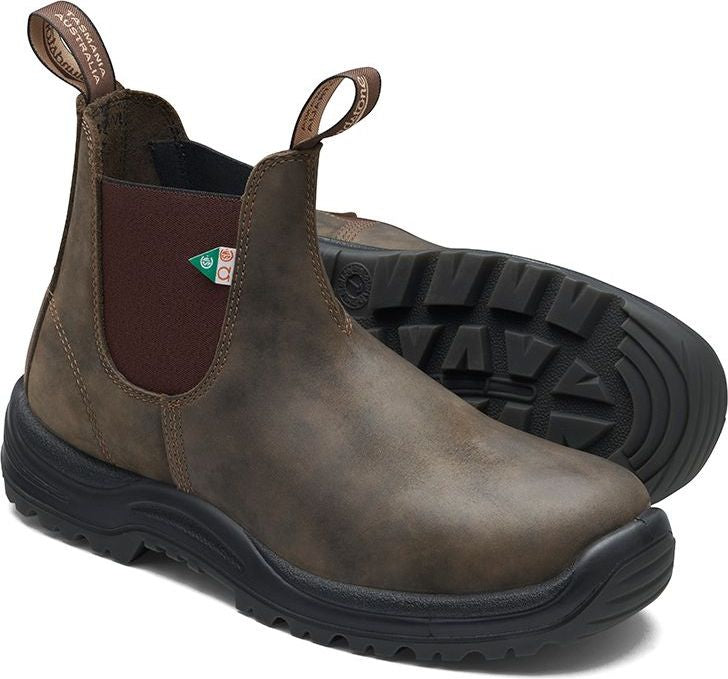 A pair of brown leather slip-on boots with black soles.