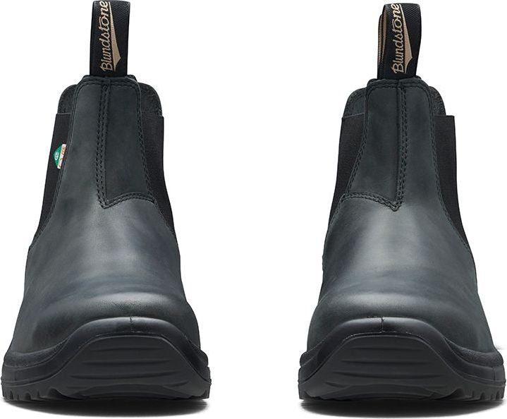 Two black leather ankle boots, front view, with elastic side panels and pull tabs.
