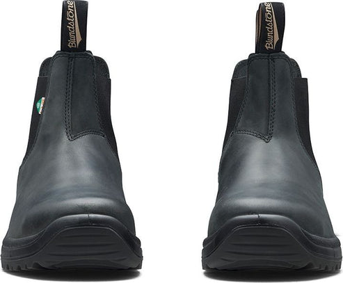 Two black leather ankle boots, front view, with elastic side panels and pull tabs.