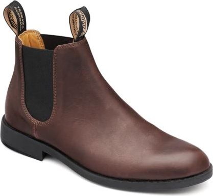 Brown leather Chelsea boot with black elastic side panels and pull loops.