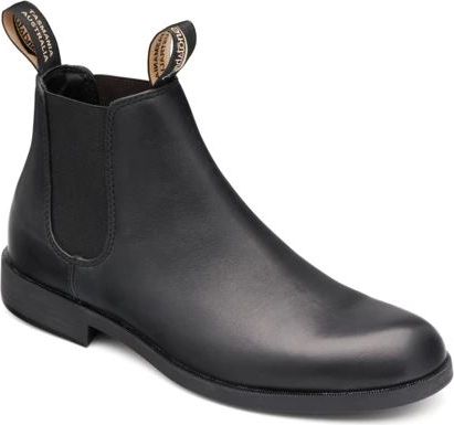 Black leather Chelsea boot with elastic side panels and pull tabs that read 'TASMANIA AUSTRALIA'.