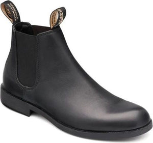 Black leather Chelsea boot with elastic side panels and pull tabs that read 'TASMANIA AUSTRALIA'.
